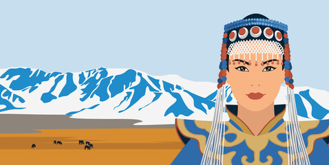 Portrait of a beautiful Mongol woman in a national costume on the background of a mountain landscape.Vector illustration.