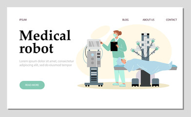 Medical robot for diagnostics and treatment banner, flat vector illustration.