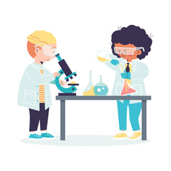 Kids chemists experimentators with microscope, flat vector illustration isolated.