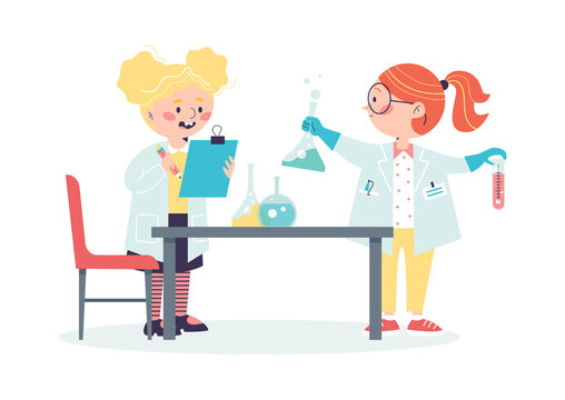 Children in laboratory conducting experiment, flat vector illustration isolated.