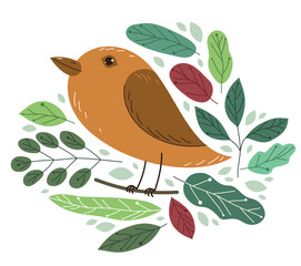Small cute bird on a branch surrounded by leaves vector flat style illustration isolated on white background, beauty of nature concept.