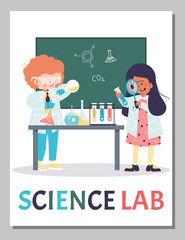 Science lab for kids banner or poster template flat cartoon vector illustration.