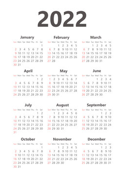 Vector calendar 2022 year. Week starts from Sunday