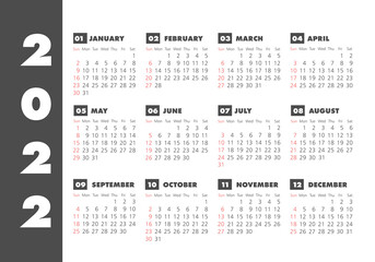 Vector calendar 2022 year. Week starts from Sunday - obrazy, fototapety, plakaty