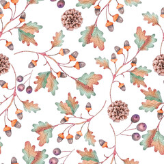 Autumn Oak Tree Branches with Acorns and Pine Cones Watercolor Seamless Pattern