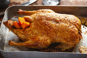 Roasted whole duck with vegetables