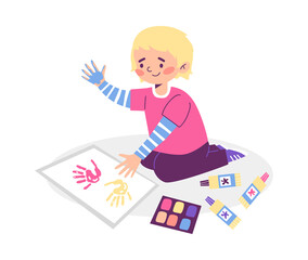 Child painting with fingers sitting on floor, flat vector illustration isolated.