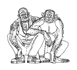 Inseparable friends squatting together. A gangster with his partner. A criminal gang. Vector illustration with black contour lines isolated on a white background in cartoon and hand-drawn style.