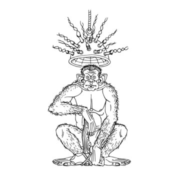 Ape with a flint axe, squatting. Electroencephalogram for a monkey. Funny character. Vector illustration with black contour lines isolated on a white background in cartoon and hand-drawn style.