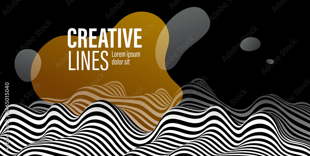 Poster Abstract vector 3D lines with yellow fluid splat background, black and white curves linear perspective dimensional terrain optical pattern.