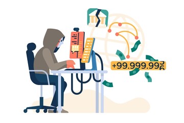 Hacker work. Digital thief and fraudster hacks banking protection. Masked man behind monitors. Cyber password cracker. Financial scammer. Robber steals money. Vector cybercrime concept - obrazy, fototapety, plakaty