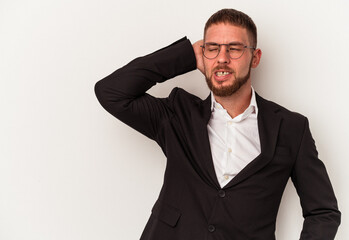 Young business caucasian man isolated on white background touching back of head, thinking and making a choice.