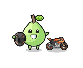 cute guava cartoon as a motorcycle racer