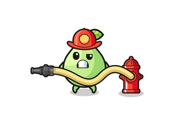 guava cartoon as firefighter mascot with water hose