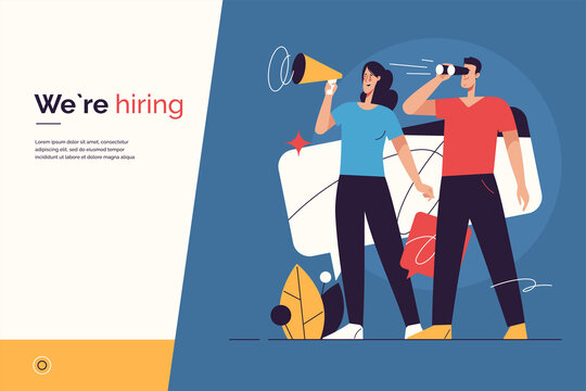 Vector Illustration On The Subject Of Hiring, New Employees Recruiting, Announcement And Promotion. Editable Stroke