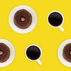 Pattern from a cup of espresso coffee and chocolate donuts on plate on yellow background to create seamless texture