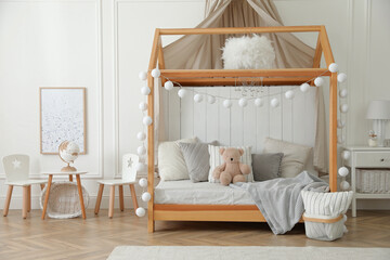 Stylish room for kid with house bed. Interior design