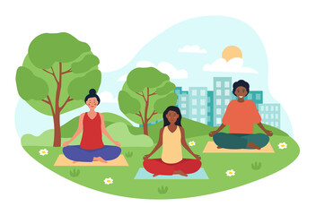 Yoga health benefits concept. Women meditate outdoors. Characters sit in lotus position in park and improve their mental or psychological health. Pregnant girls. Cartoon flat vector illustration