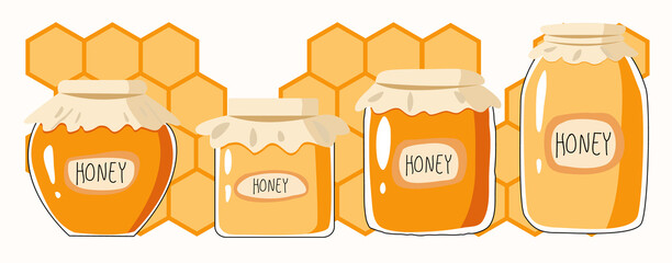 Seth figure four canned
glass jars with labels. Jam, honey, lettering. Kitchen. Vector illustration