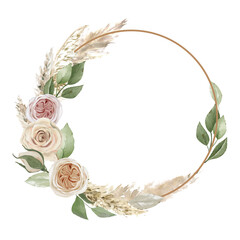 Watercolor wreath with beige roses, greenery, hand-drawn. Delicate set for creating invitations, patterns, fabrics, scrapbooking