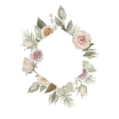 Watercolor frame with beige roses, greenery, hand-drawn. Delicate set for creating invitations, patterns, fabrics, scrapbooking