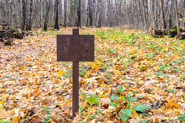Old, rusty metal sign on the alley of the autumn forest park