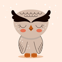 Cute little owl in cartoon flat style. Forest animals and wild birds. Vector illustration for nursery, print on textiles.