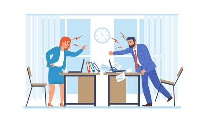 Quarreling employees. Office workers fighting and screaming. Colleagues conflict. People aggressive argue and shout. Communication confrontation and misunderstanding. Vector concept - obrazy, fototapety, plakaty