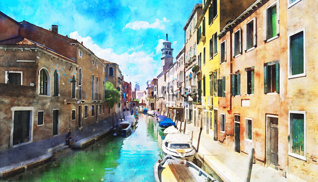 Venice watercolor. Beautiful view of Venetian streets and canals. Promenade, walk around the city. Watercolor drawing of Venice, Italy