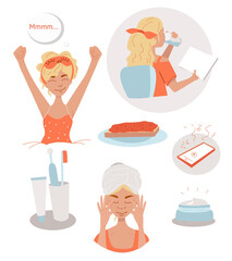 girl, morning routine, consists of coffee mug, an alarm clock, breakfast. The girl in the bed stretches with smile on her face. Vector illustration in flat style 