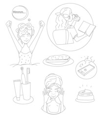 girl, morning routine, consists of coffee mug, an alarm clock, breakfast. The girl in the bed stretches with smile on her face. Vector illustration in flat style 