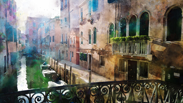 Fototapeta Italy. Venice. Beautiful view of the Venetian streets and canals. Promenade, walk around the city. Watercolor drawing of Venice.