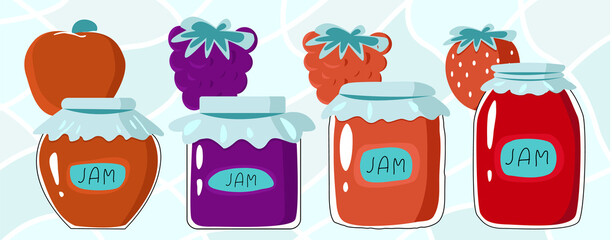Seth figure four canned
glass jars with labels. Jam, honey, lettering. Kitchen. Vector illustration