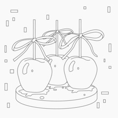 Detailed icon. Drawing of candy apples in caramel on a wooden stick.
toffee apples