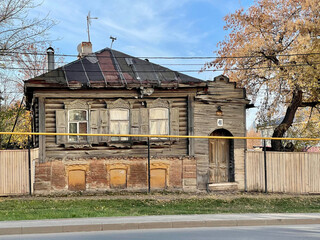 Old wooden house No. 40 on Mendeleev Street in Ufa in autumn. Republic of Bashkortostan