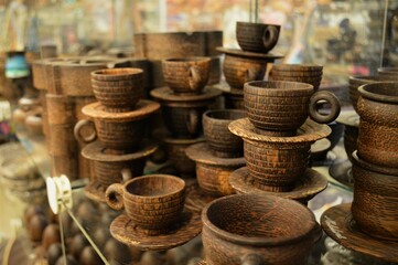 wooden tea or coffee cups for background, selective focus, blur background