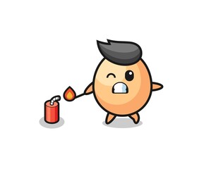 egg mascot illustration playing firecracker