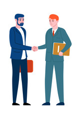 Business greeting people. Office employees in suits greet with gestures, corporate colleagues shake hands on meeting. Successful men in teamwork, vector cartoon flat isolated illustration