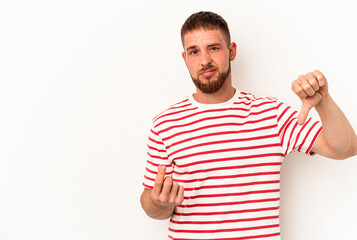 Young caucasian man with diastema isolated on white background showing that she has no money.