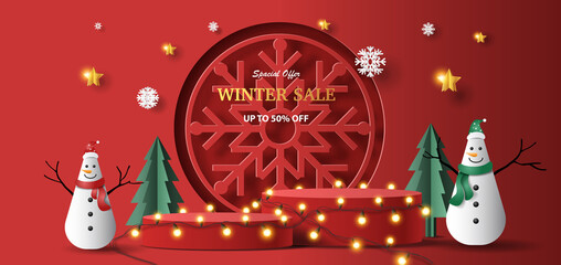 Winter sale product banner, two snowmen with snowflakes and stars, paper illustration, and 3d paper.
