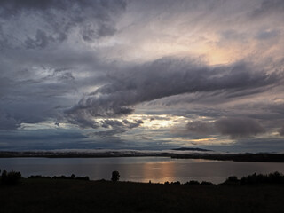 Dramatic sky before storm over lake Lipno in the mountains Sumava, Czech Republic