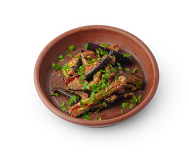 Fried eggplant slices with herbs and sauce isolated on white