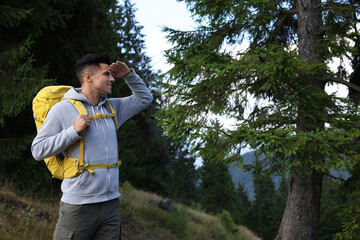 Tourist with backpack in forest, space for text