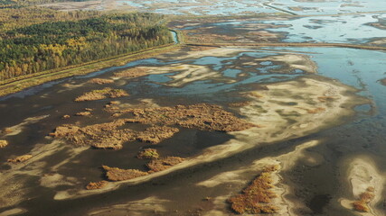 Belarus. Aerial View Of Ponds Autumn Landscape. Ponds of fisheries in the south of Belarus. Top View Of Fish Farms From High Attitude. Drone View. Bird's Eye View