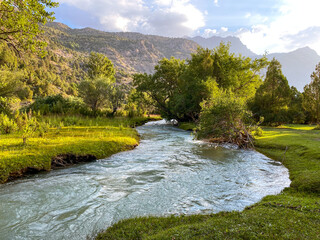 Early morning sunrise in Saritag near Iskanderkul lake in Tajikistan