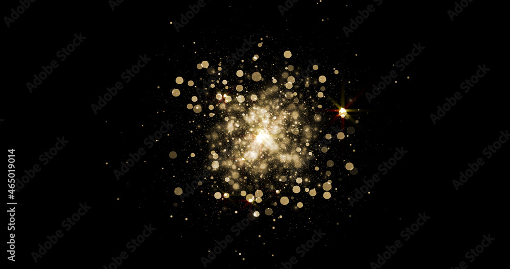 Aufkleber gold sparkle stars background with bokeh glitter explosion on black. golden particles magic light fo