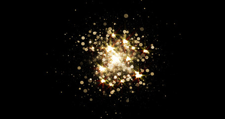 Gold light glitter background with sparkle glow and golden magic explosion. Star dust shine effect...