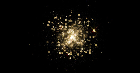 Gold sparkle stars background with bokeh glitter explosion on black. Golden particles magic light...