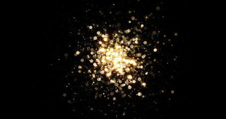 Explosion of gold particles lights, background with golden magic bokeh glitter. Sparkling dust with...