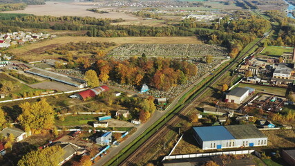 Kobryn, Brest Region, Belarus. Cityscape Skyline In Autumn Sunny Day. Bird's-eye View Of St. George's Church. Famous Historic Landmark